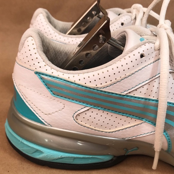 Puma White Turquoise Silver Leather Running Shoes Size 9 - Picture 9 of 16